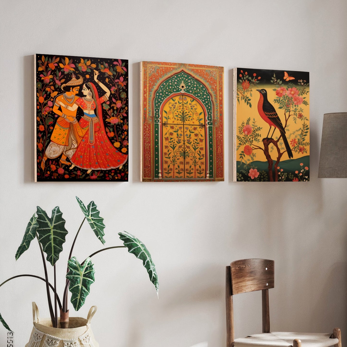 Traditional Rajasthani Couple Pichwai Wood Print Wall Art Set of 3