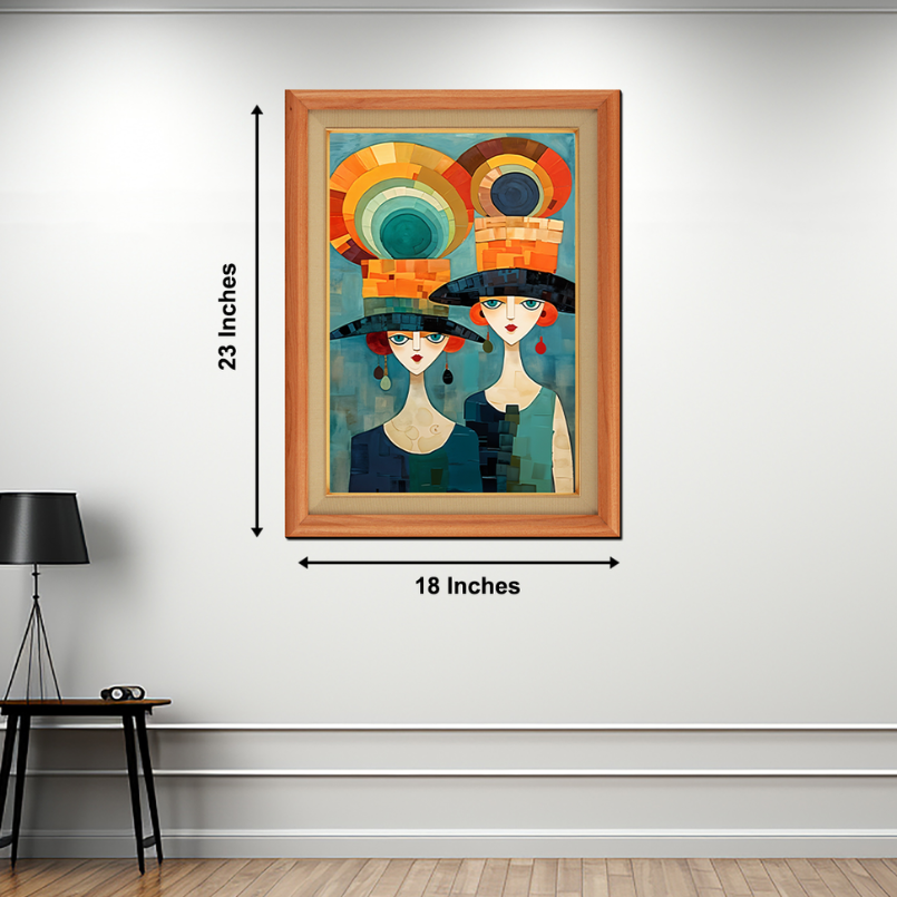 Two English Ladies With Colorful Hats Wood Print Wall Art 18x23 Inches