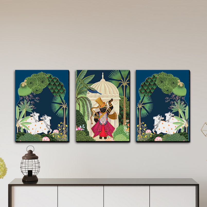 Set of 3 Shrinath Ji Pichwai Cow Wood Print Wall Art