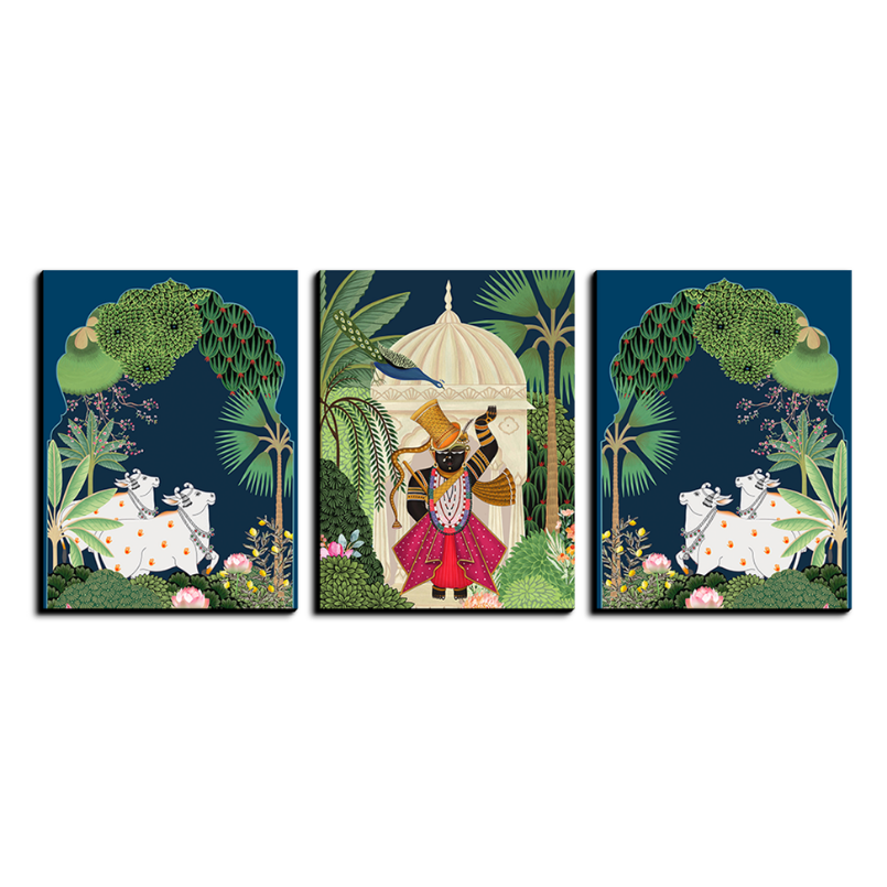 Set of 3 Shrinath Ji Pichwai Cow Wood Print Wall Art