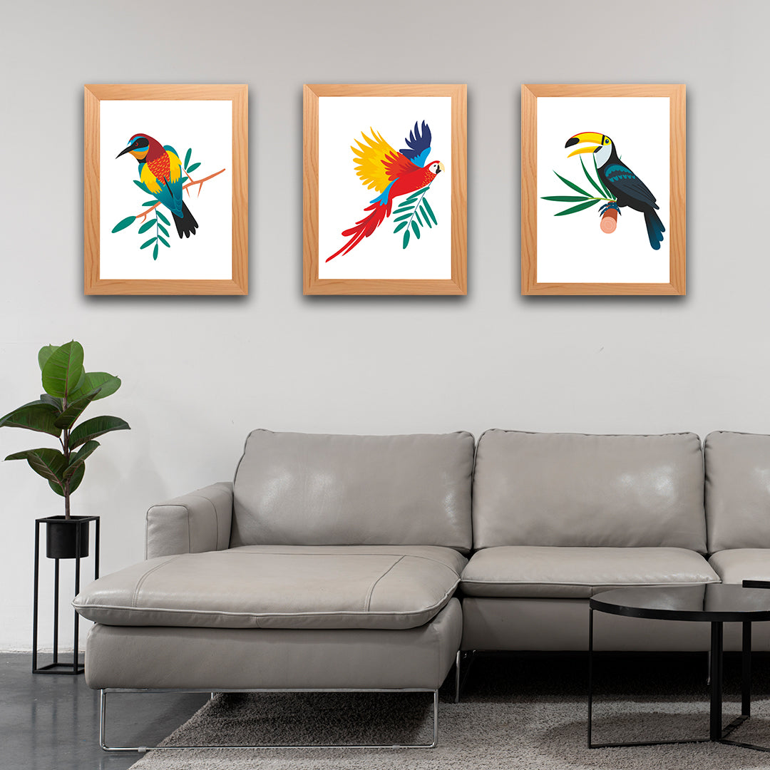Beautiful Birds Wood and Acrylic Print Wall Art Set of 3