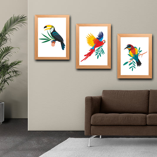 Beautiful Birds Wood and Acrylic Print Wall Art Set of 3
