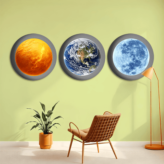 Earth Sun and Moon Round Wood Print Wall Art 15x15 Inches