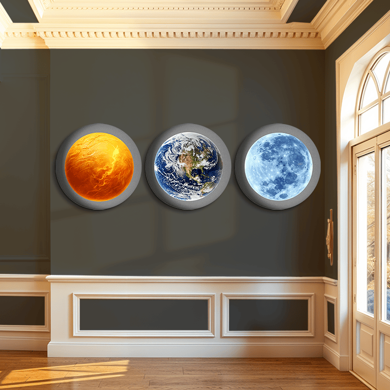 Earth Sun and Moon Round Wood Print Wall Art 15x15 Inches
