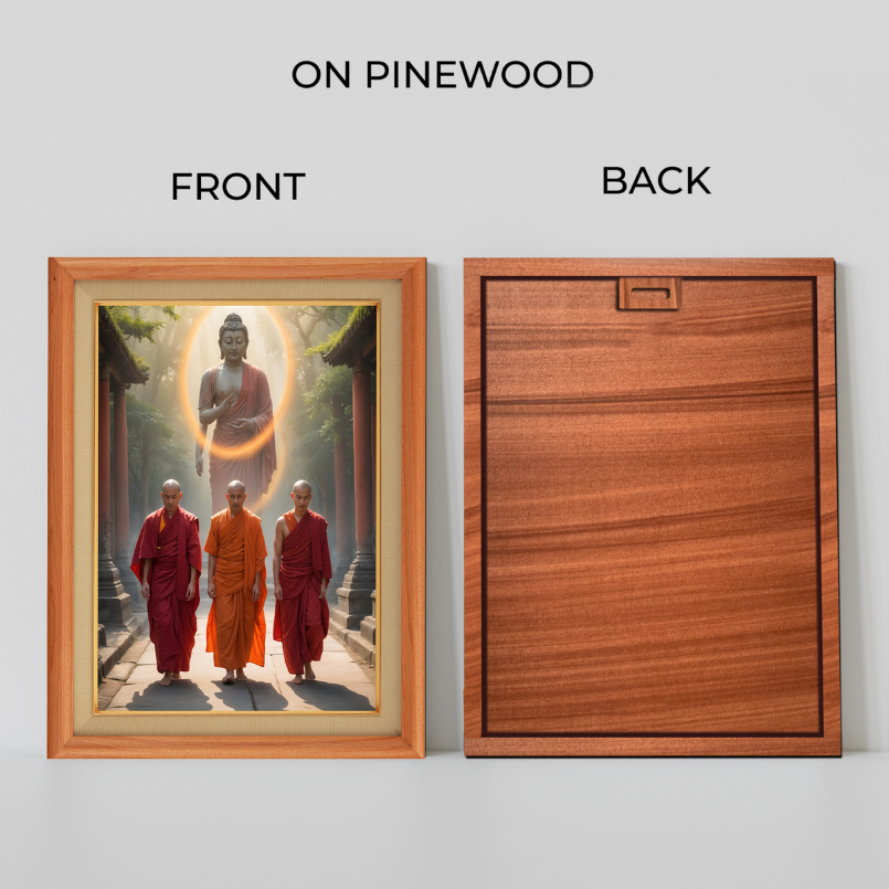 Monk With Budha On Background Wood Print Wall Art 18x23 Inches