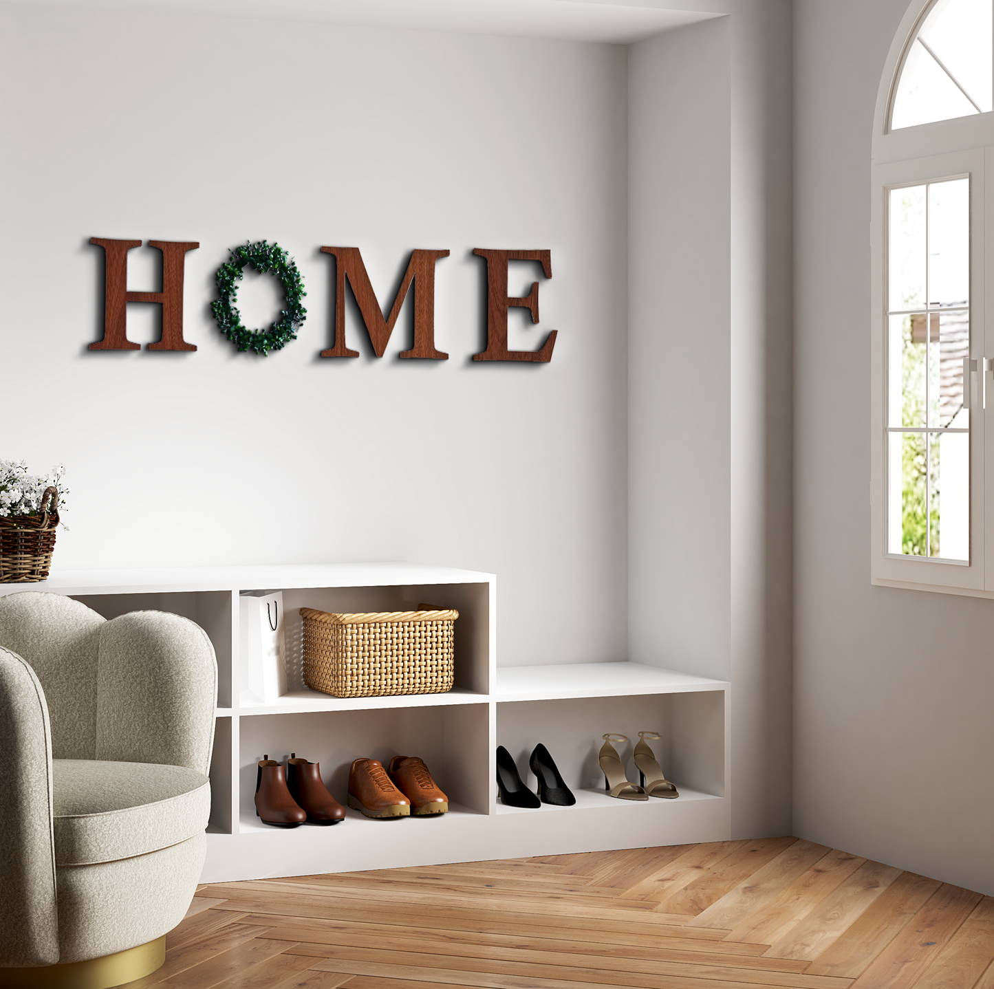 HOME Word With Ring Wreath Garland Wooden Sign Wall Art