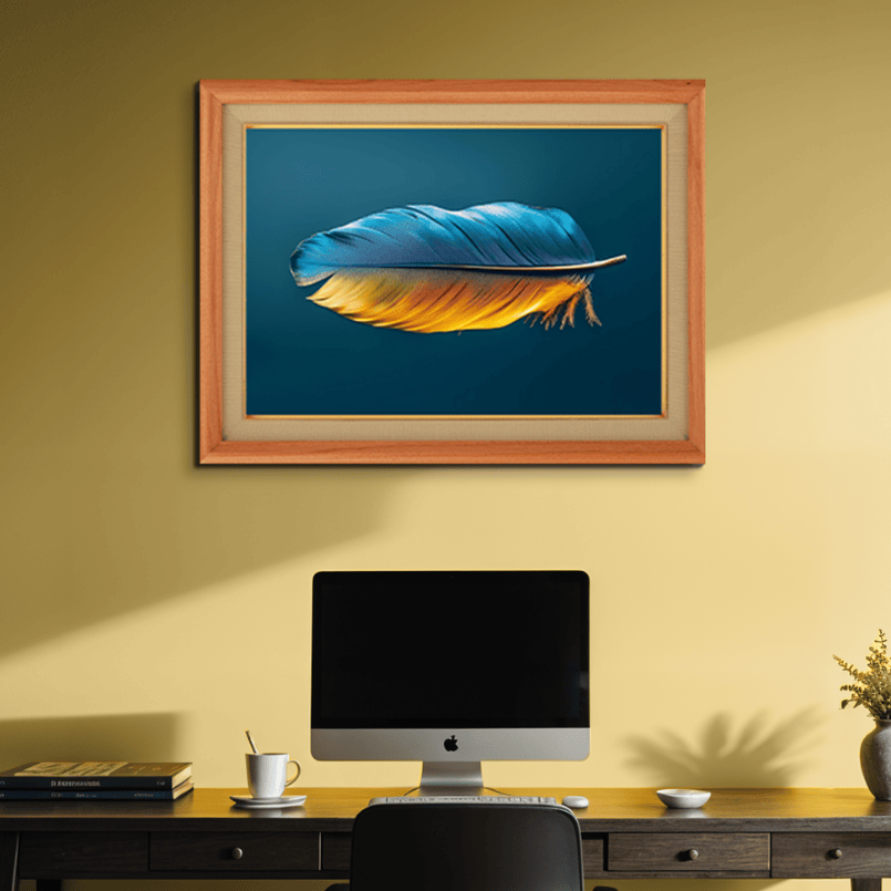Vibrant Blue And Orange Feather Wood Print Wall Art 23x17.5 Inches