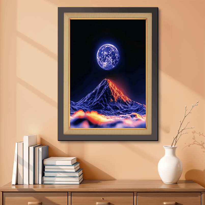 Moon Over Fiery Volcano Nights Wood Print Wall Art 18x23 Inches