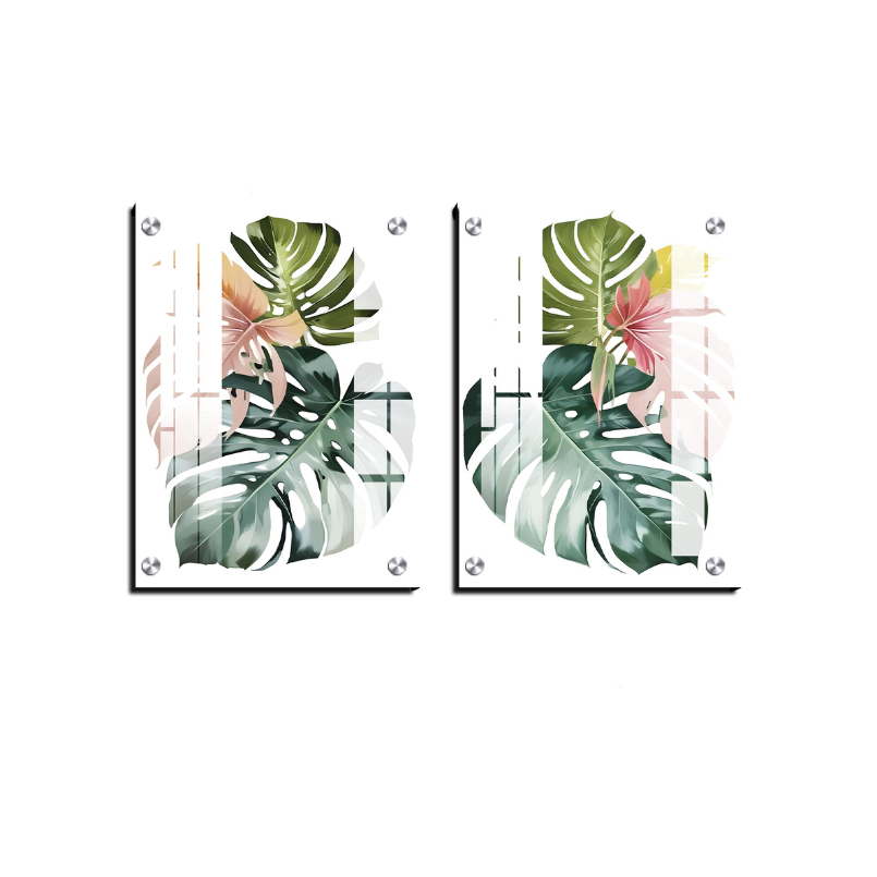 Tropical Leaf Wood Print Wall Art Set of 2