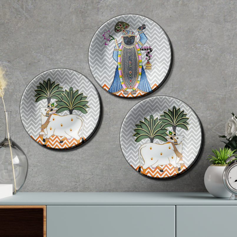 Trio of Exquisite Shrinath Ji and Cow Pichwai Wall Plates Décor for Devotional Spaces