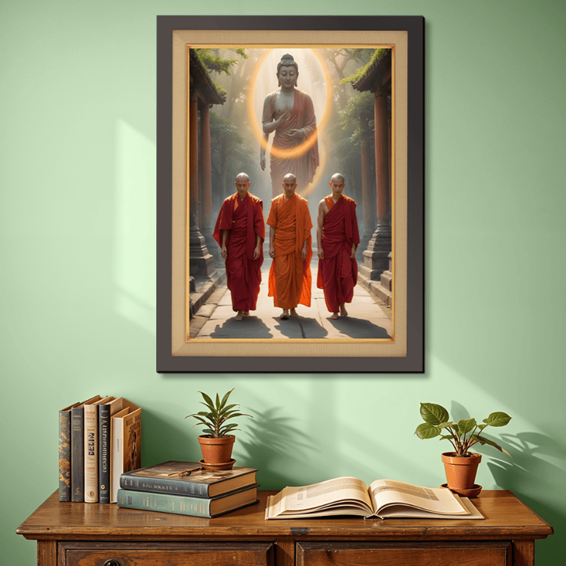 Monk With Budha On Background Wood Print Wall Art 18x23 Inches