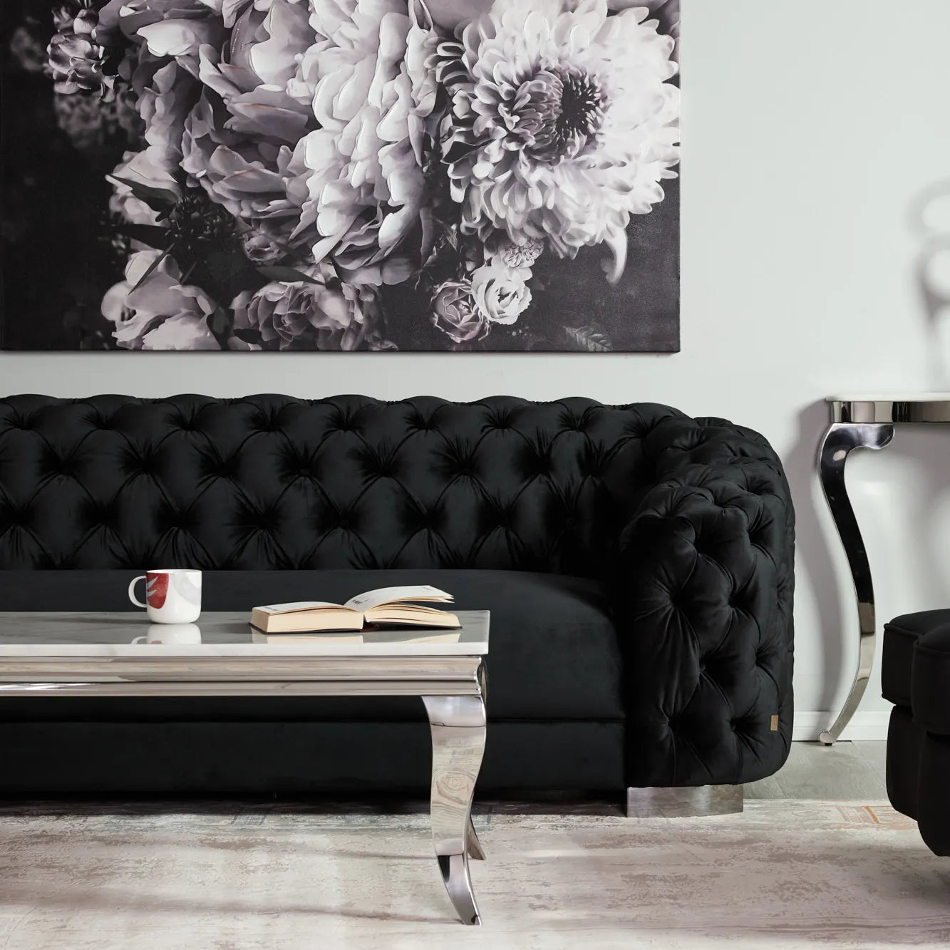 Luxurious Black Velvet 2-Seater Sofa - Black Nickel Legs