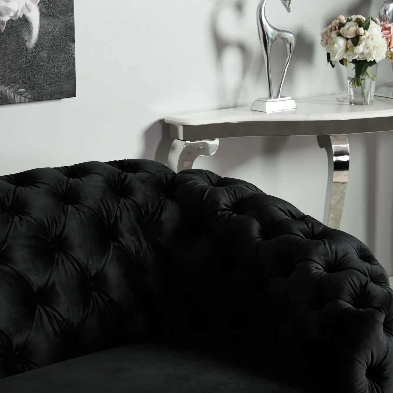 Luxurious Black Velvet 3-Seater Sofa - Black Nickel Legs