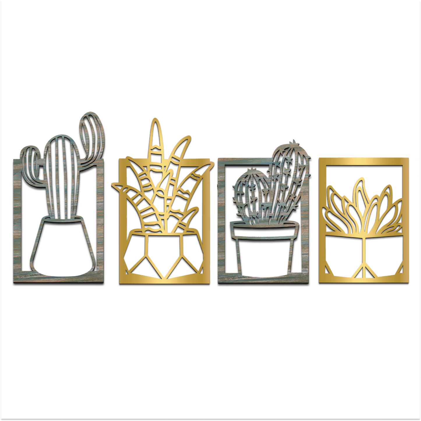 2 in 1 Cactus Wooden Wall Hanging Art Wall Sculpture Set of 4