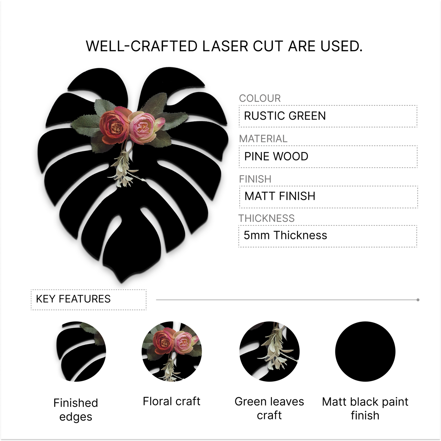 3D Palm Leaf with Roses Wooden Art