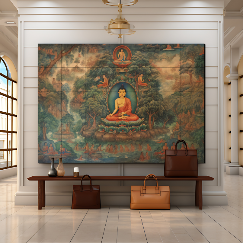 Meditating Buddha and Monks Wood Print Wooden Wall Tiles Set