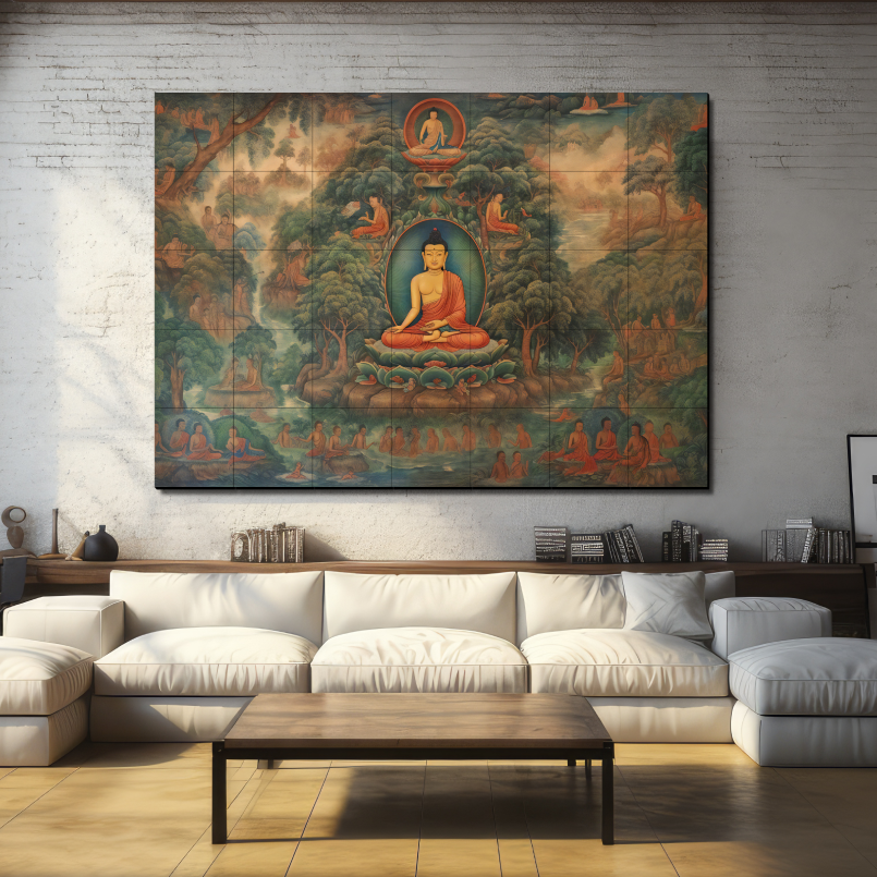 Meditating Buddha and Monks Wood Print Wooden Wall Tiles Set