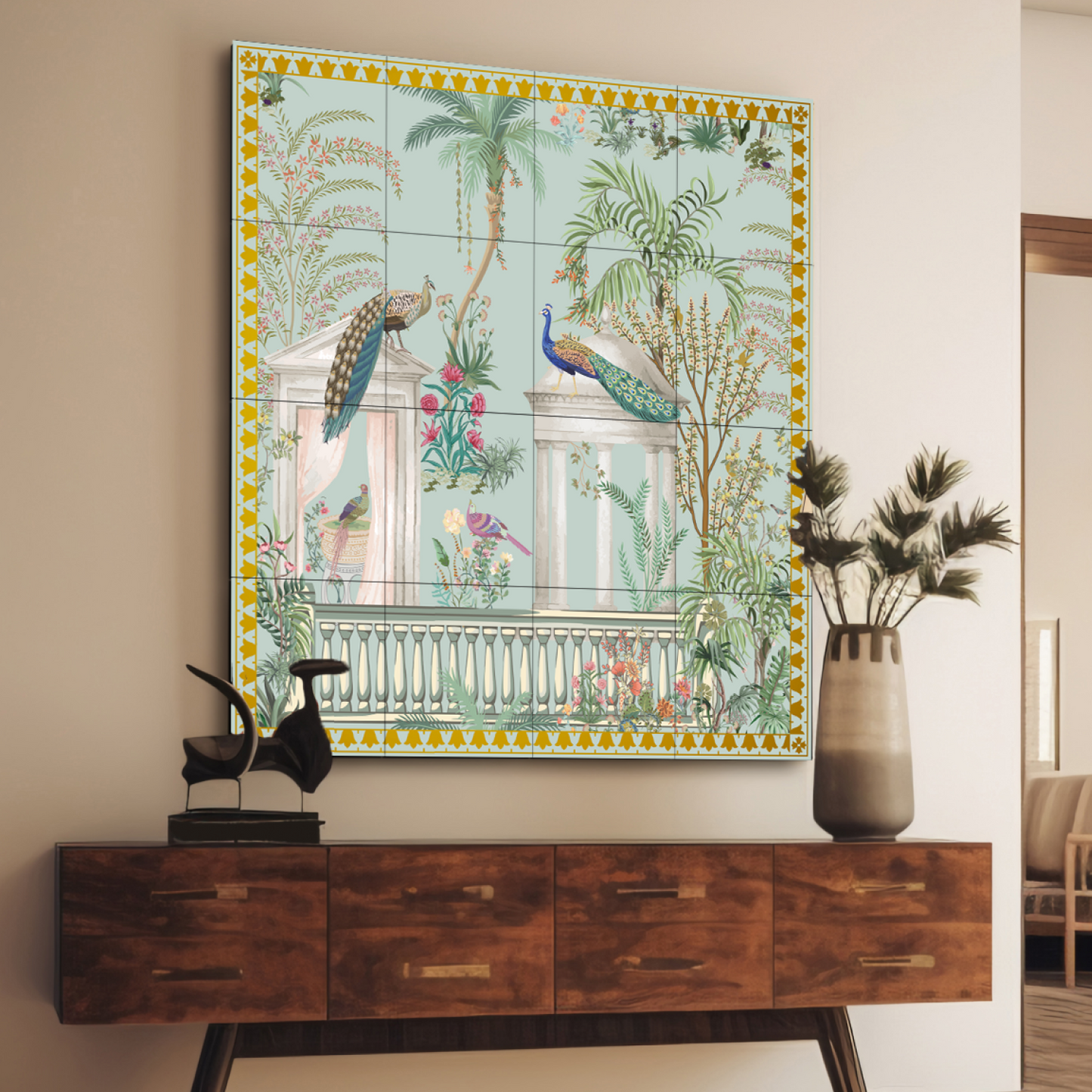 Peacock Royal Wood Print Wooden Wall Tiles Set