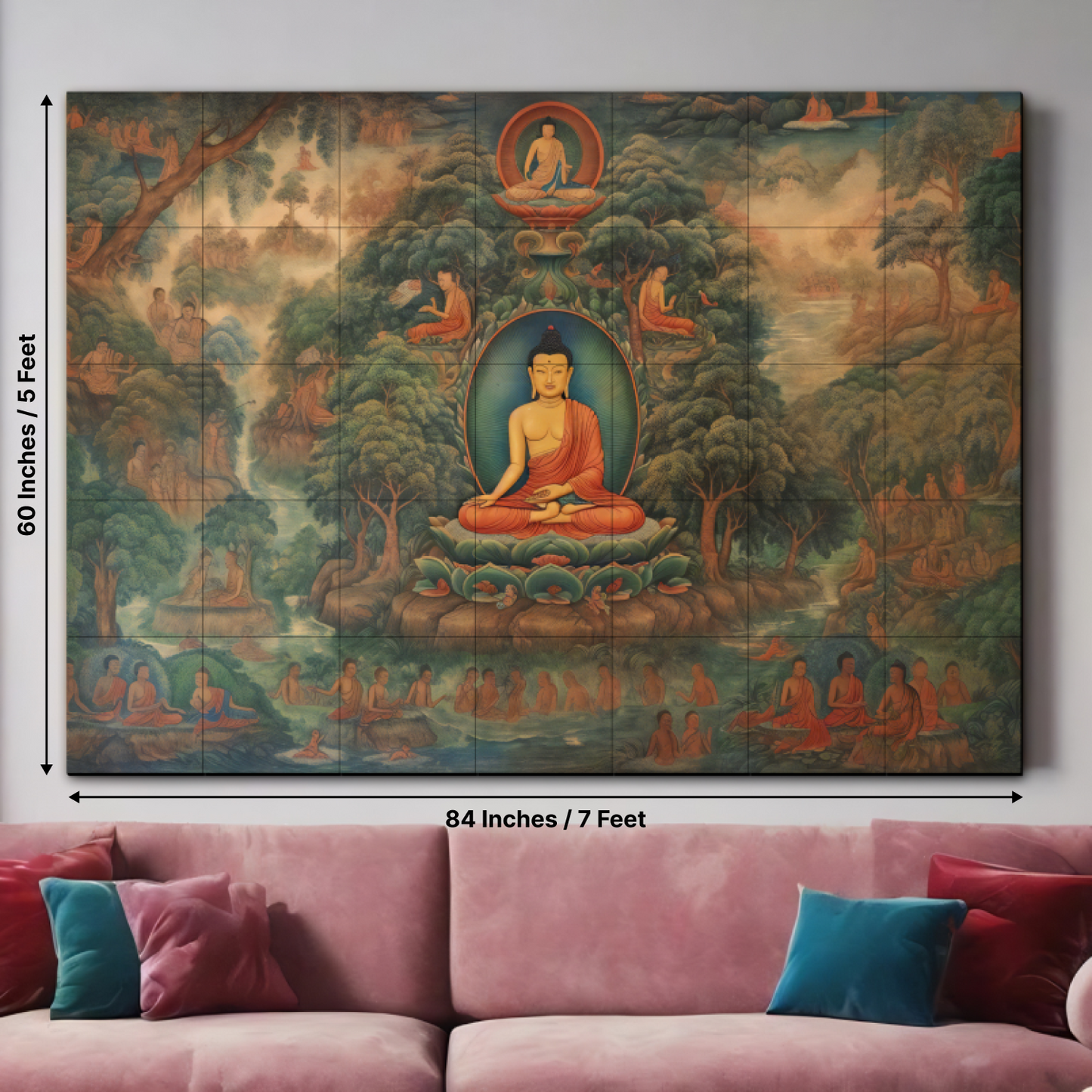 Meditating Buddha and Monks Wood Print Wooden Wall Tiles Set