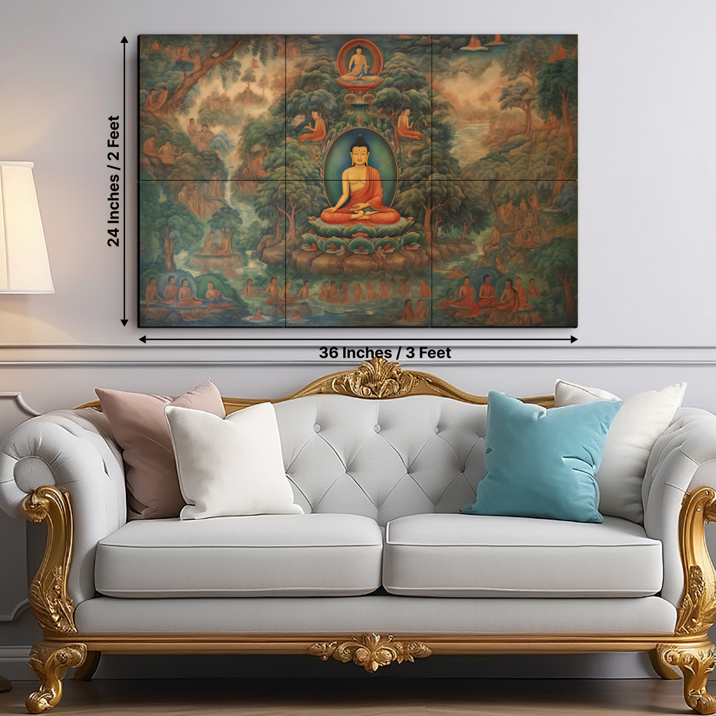 Meditating Buddha and Monks Wood Print Wooden Wall Tiles Set