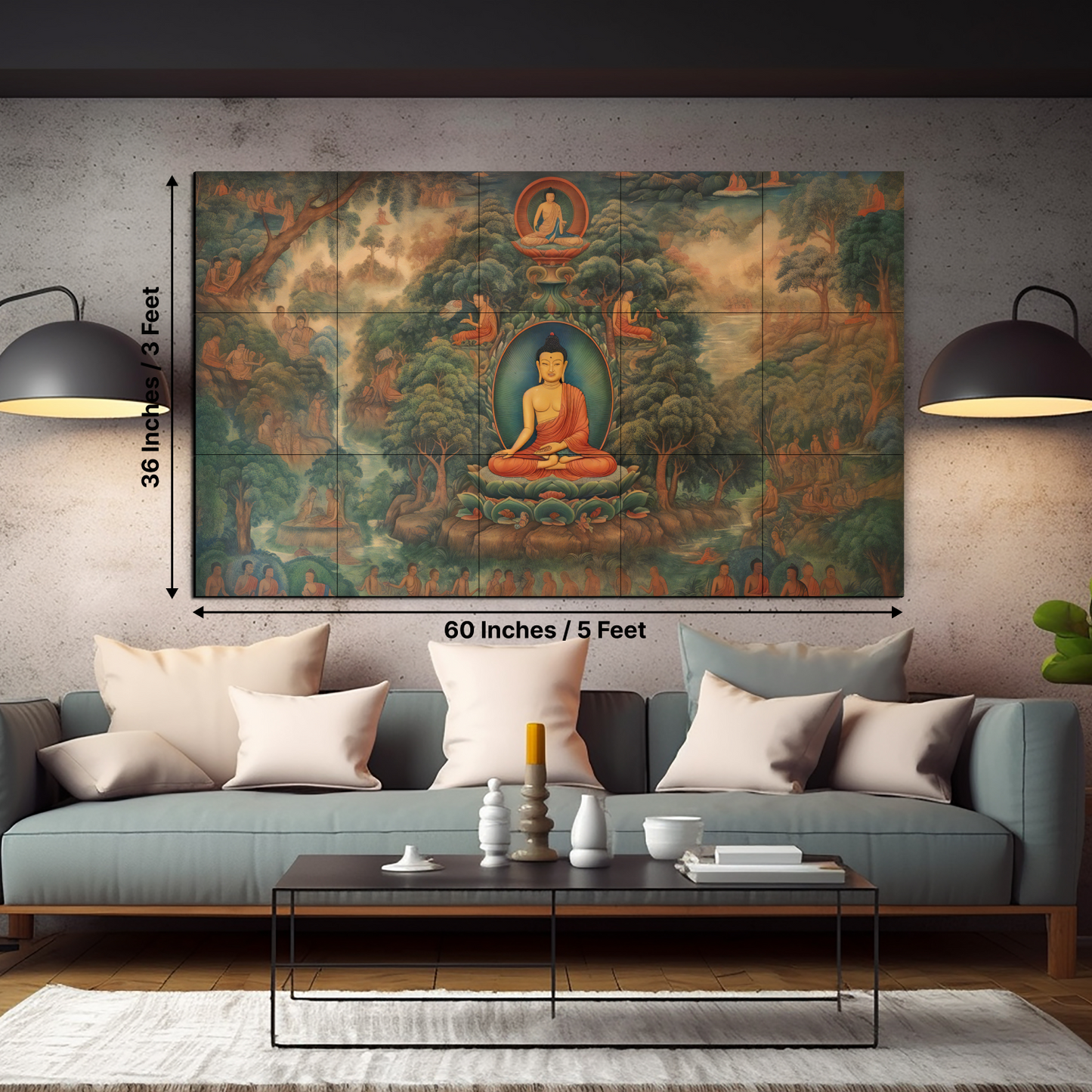 Meditating Buddha and Monks Wood Print Wooden Wall Tiles Set