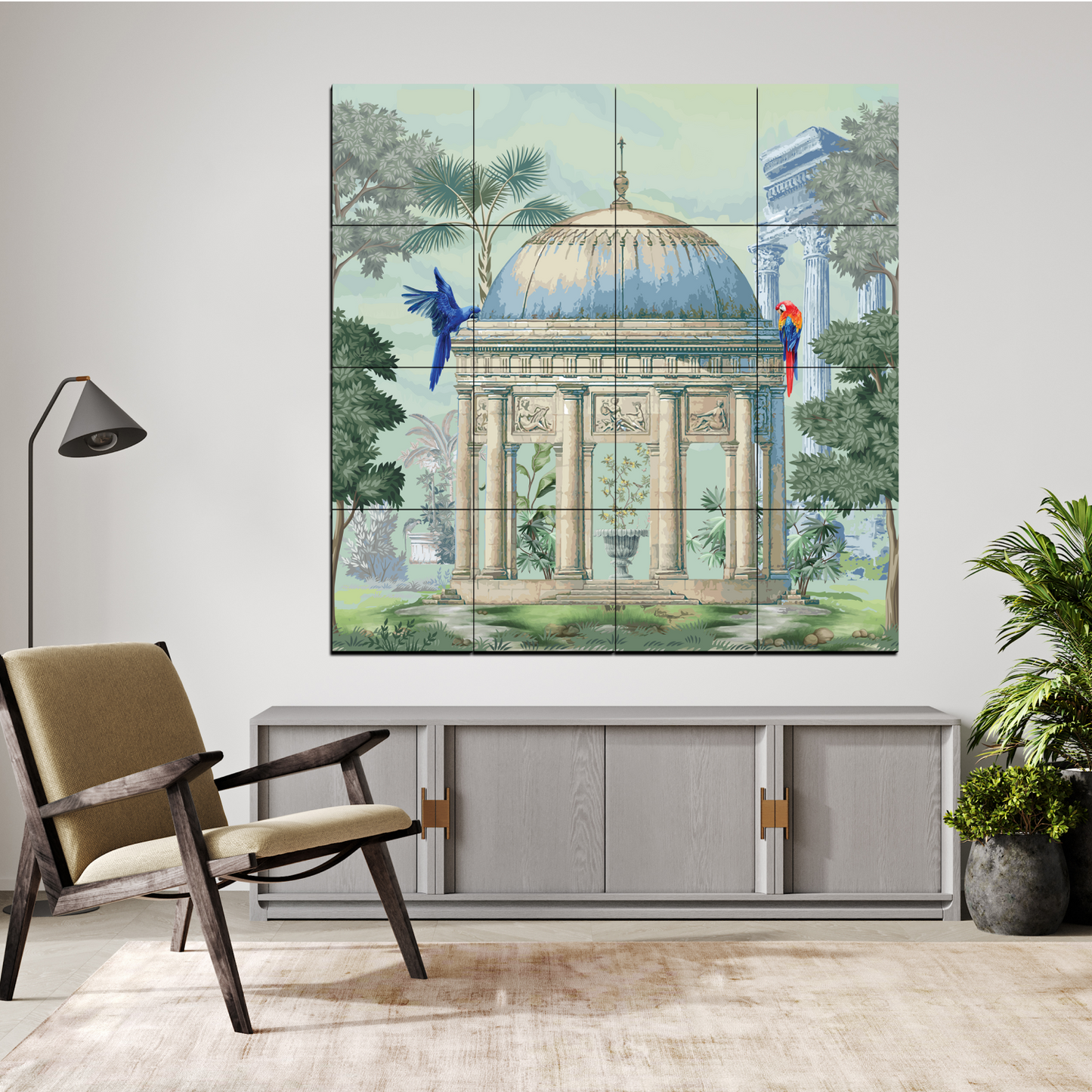 Royal Gazebo With Macaw Birds Wood Print Wooden Wall Tiles Set-Luxury Wall Art