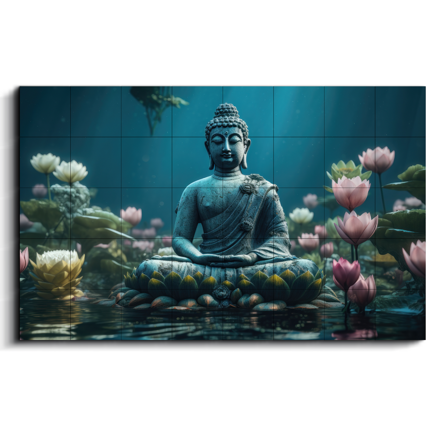 Buddha Meditating in Lotus Blue and Pink Wood Print Wooden Wall Tiles Set