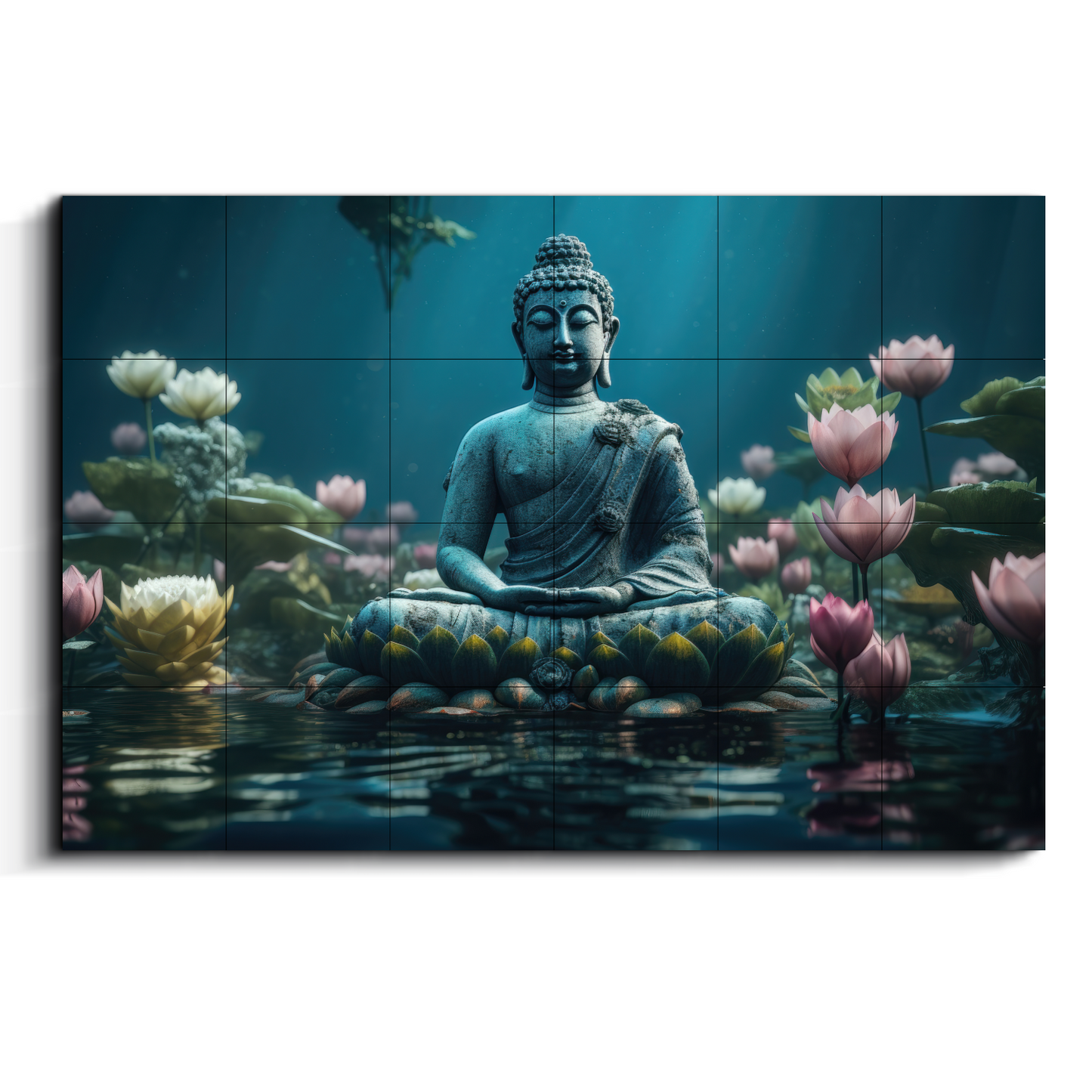 Buddha Meditating in Lotus Blue and Pink Wood Print Wooden Wall Tiles Set