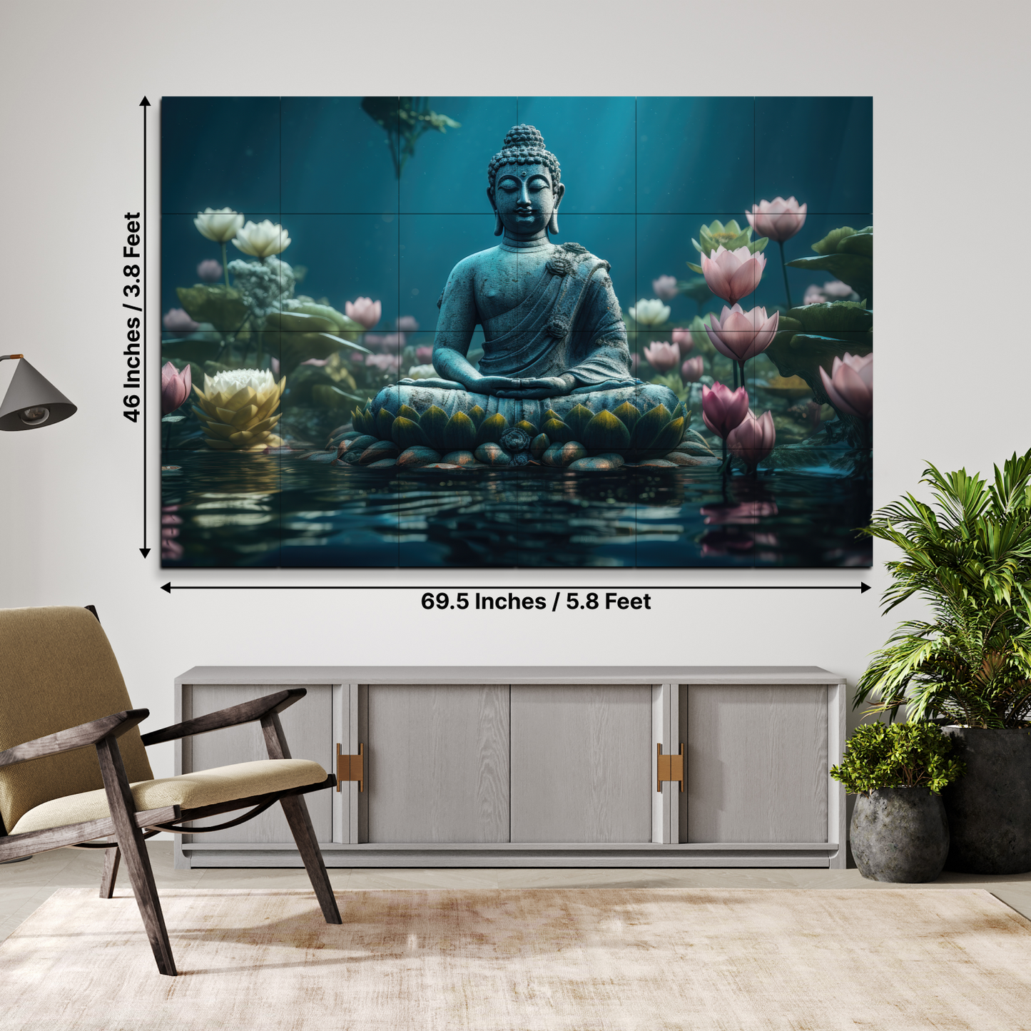 Buddha Meditating in Lotus Blue and Pink Wood Print Wooden Wall Tiles Set