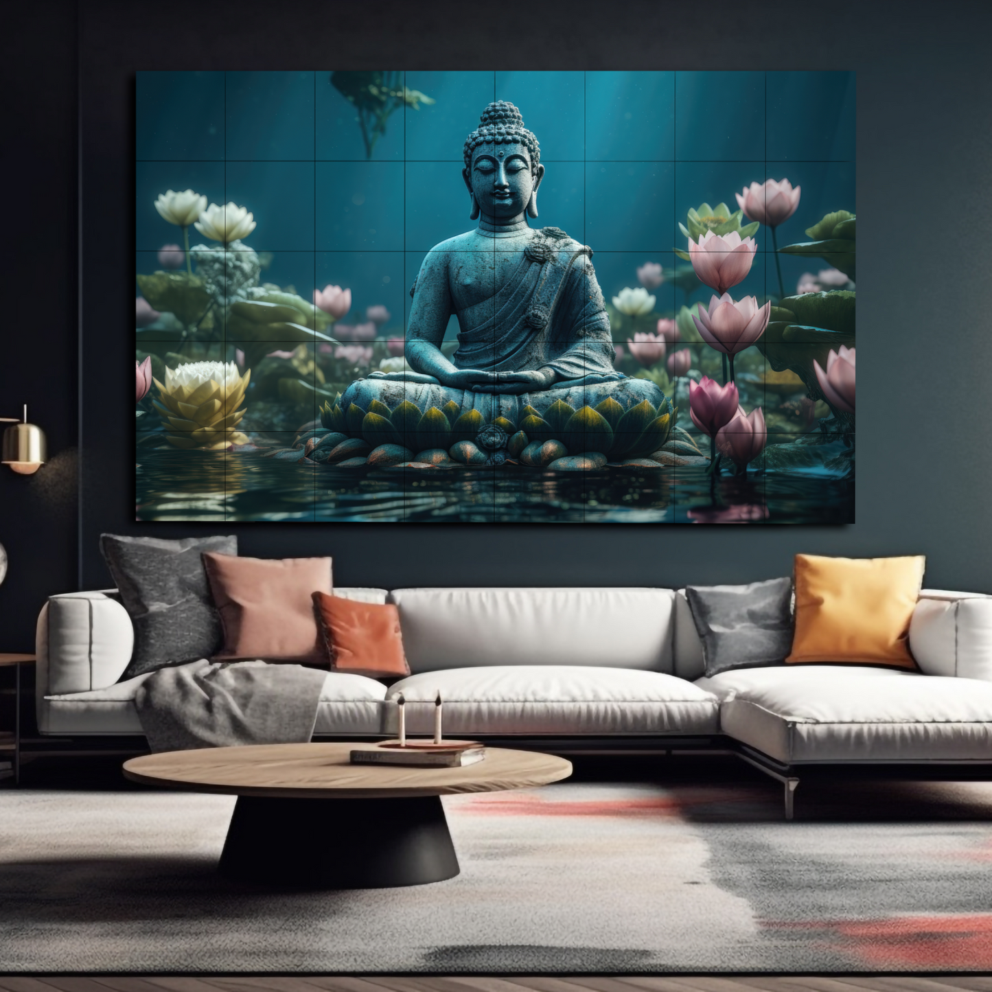 Buddha Meditating in Lotus Blue and Pink Wood Print Wooden Wall Tiles Set