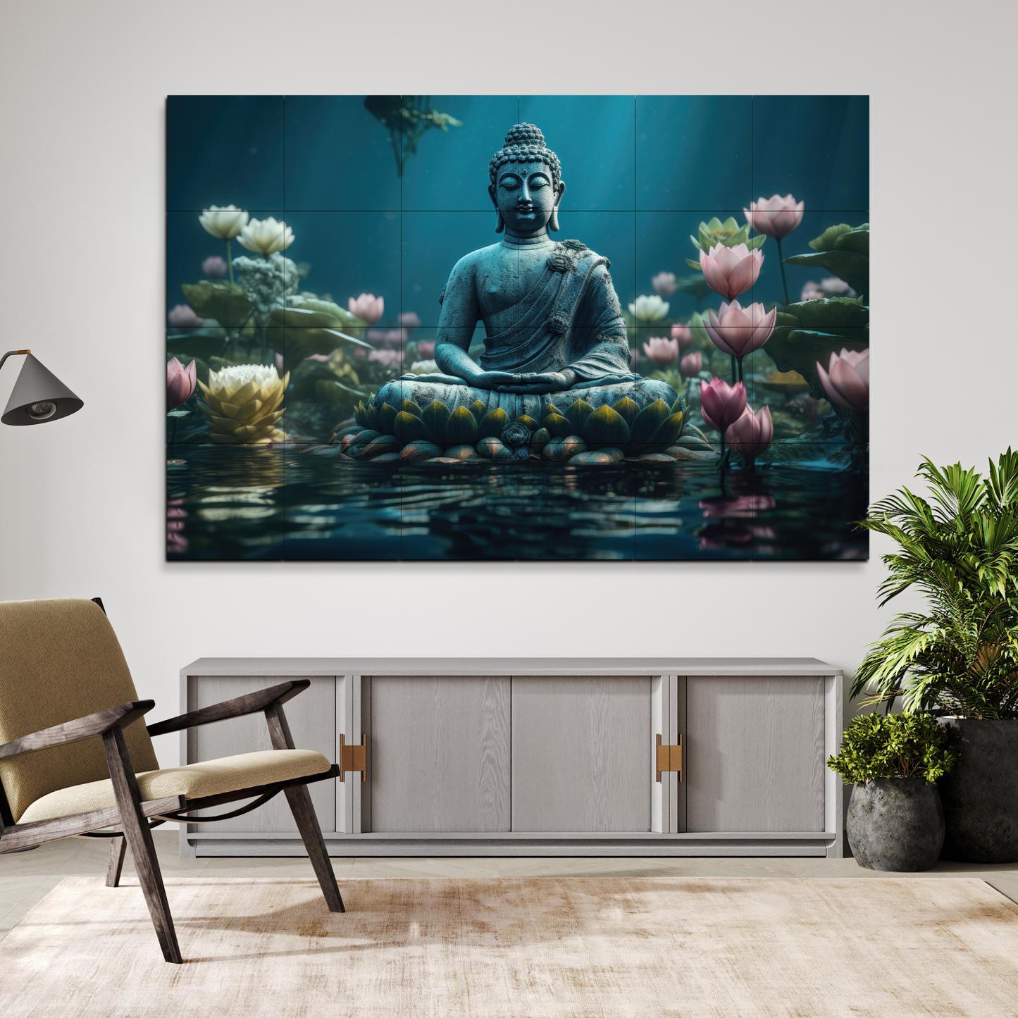 Buddha Meditating in Lotus Blue and Pink Wood Print Wooden Wall Tiles Set
