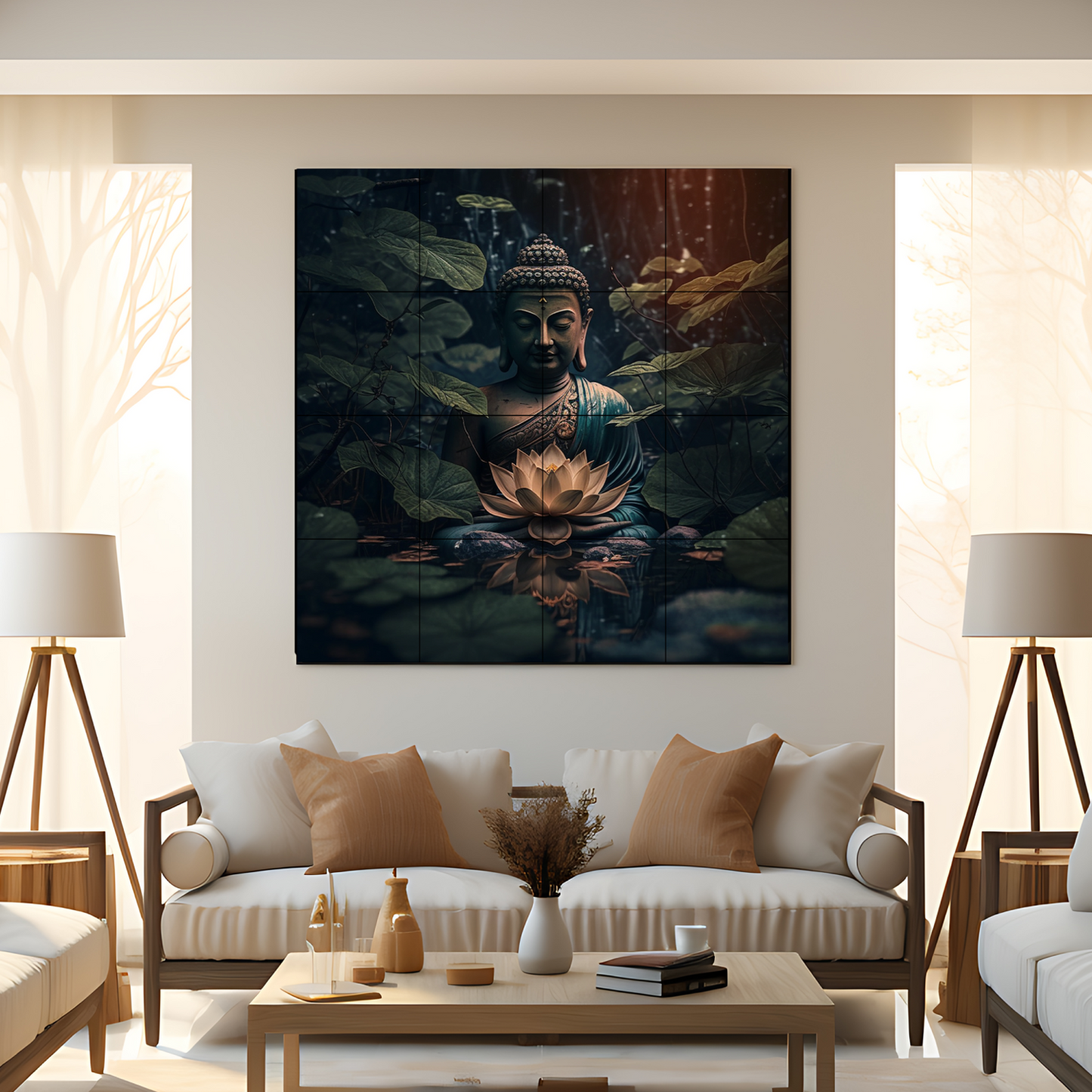 Buddha Meditating in Dark Wood Print Wooden Wall Tiles Set