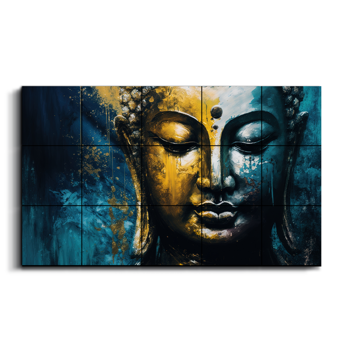 Meditating Buddha Gold & Blue Brush Paint Wood Print Wooden Wall Tiles Set