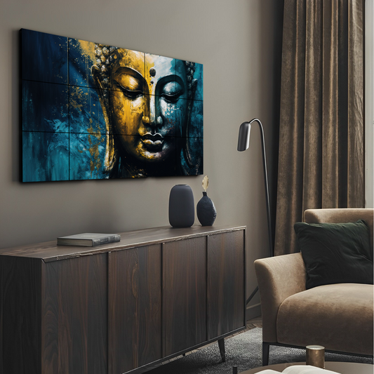 Meditating Buddha Gold & Blue Brush Paint Wood Print Wooden Wall Tiles Set