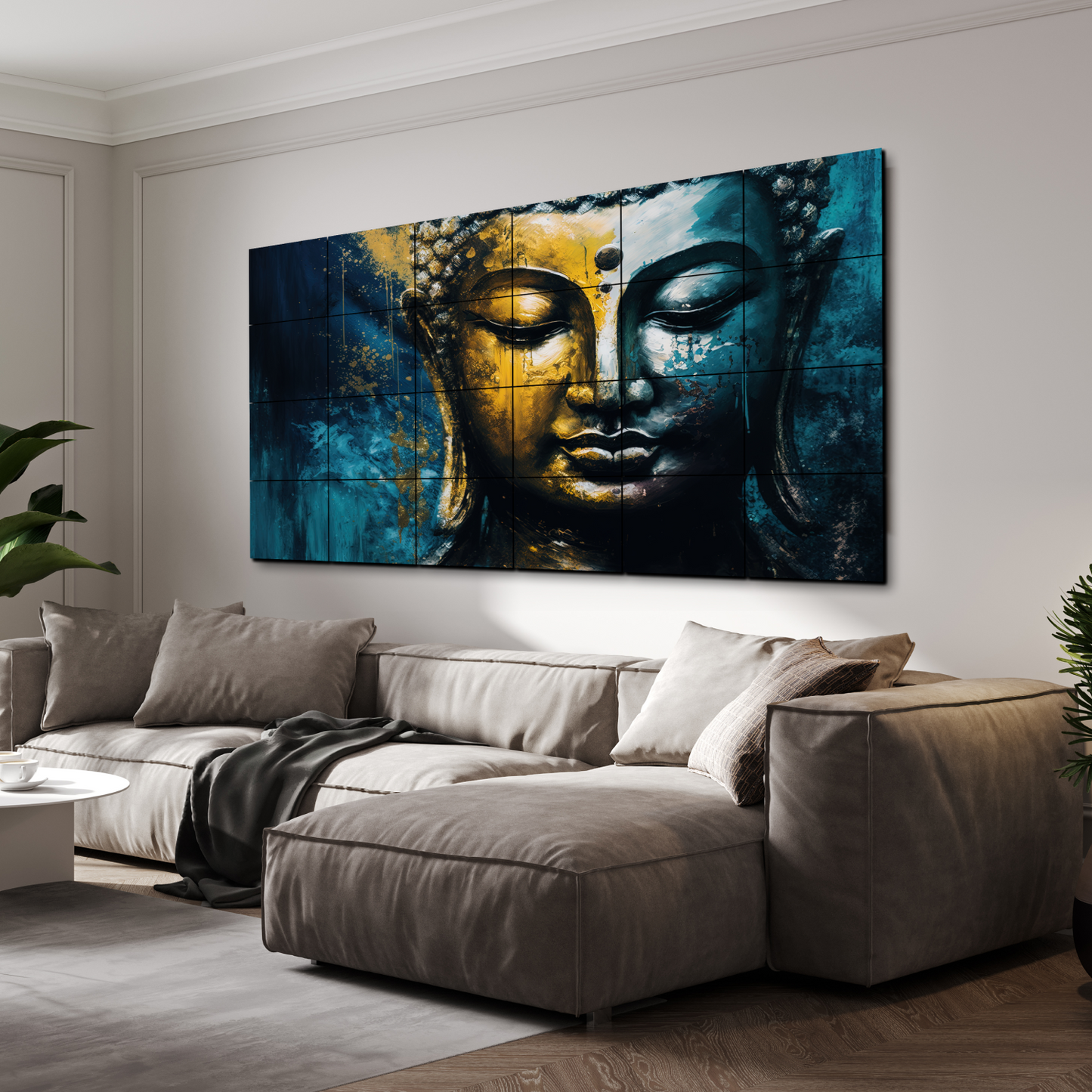 Meditating Buddha Gold & Blue Brush Paint Wood Print Wooden Wall Tiles Set