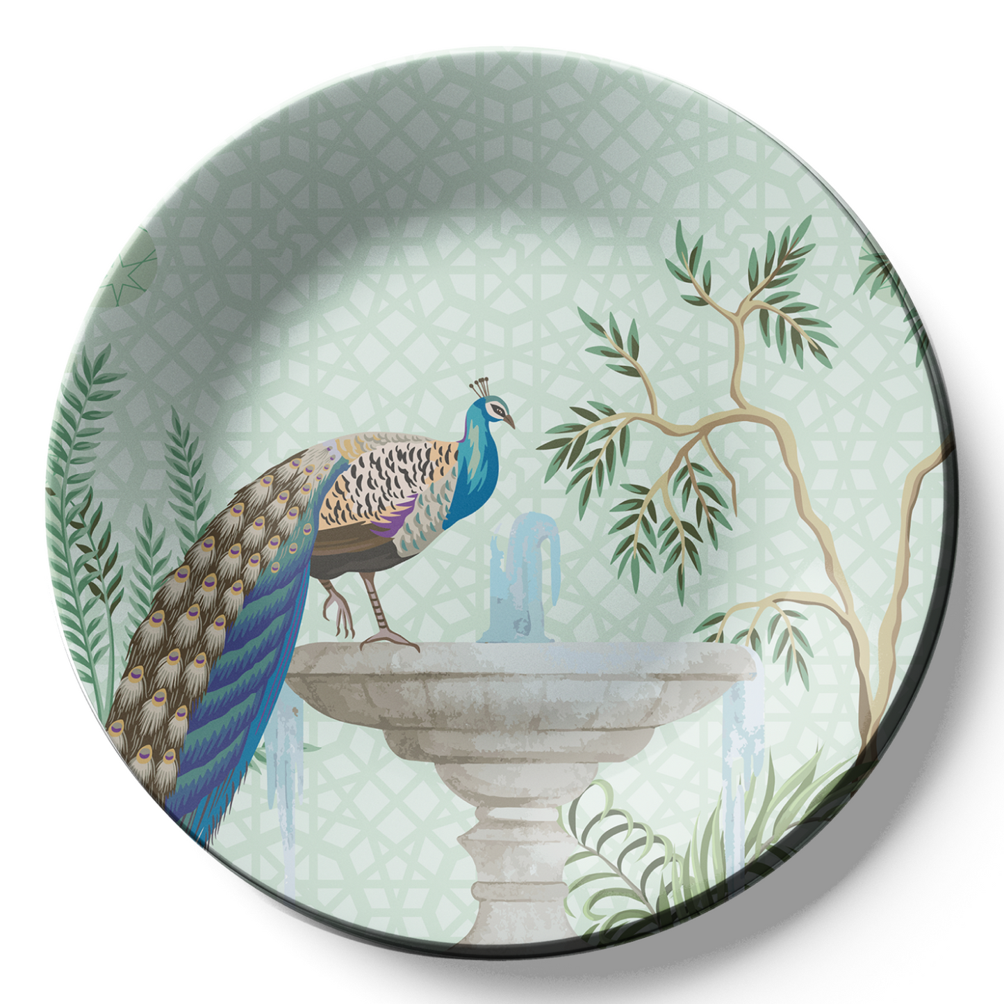 Peacock Sitting on Fountain Ceramic Wall Plate Home Décor