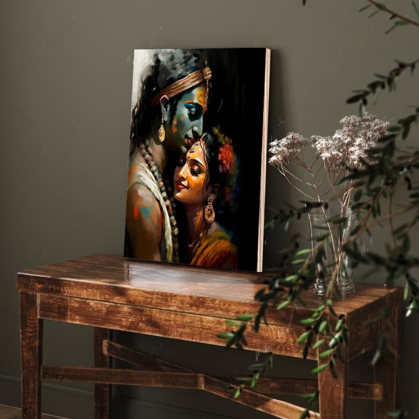 Radha Krishna Watercolor Wood Print Wall Art