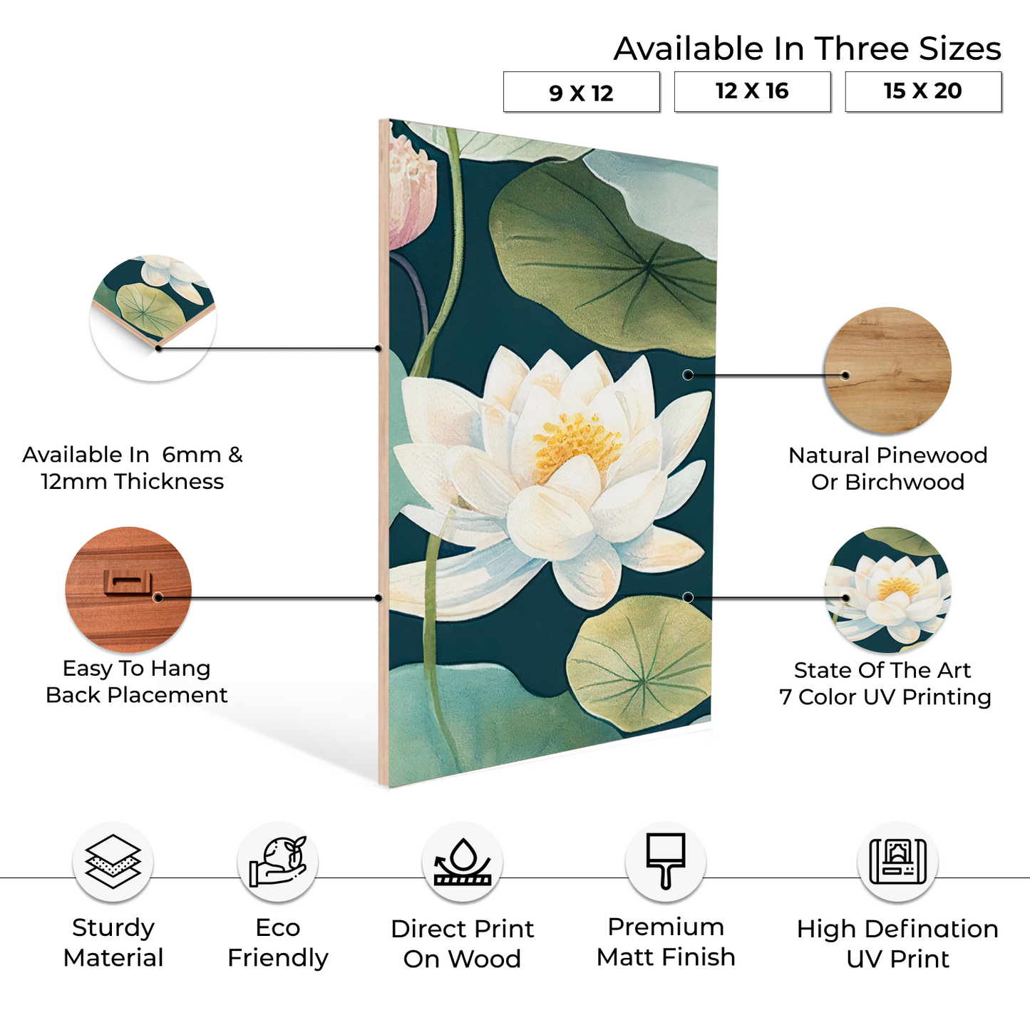 Lotus Wood Print Wall Art Set of 3