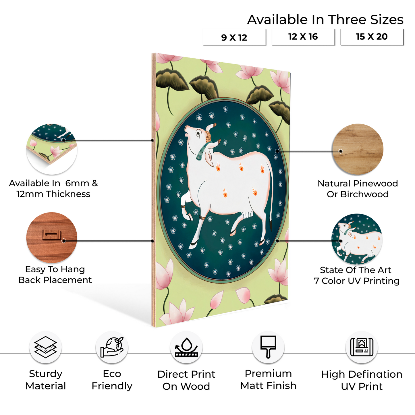 Cow and Lotus Pichwai Wood Print Wall Art