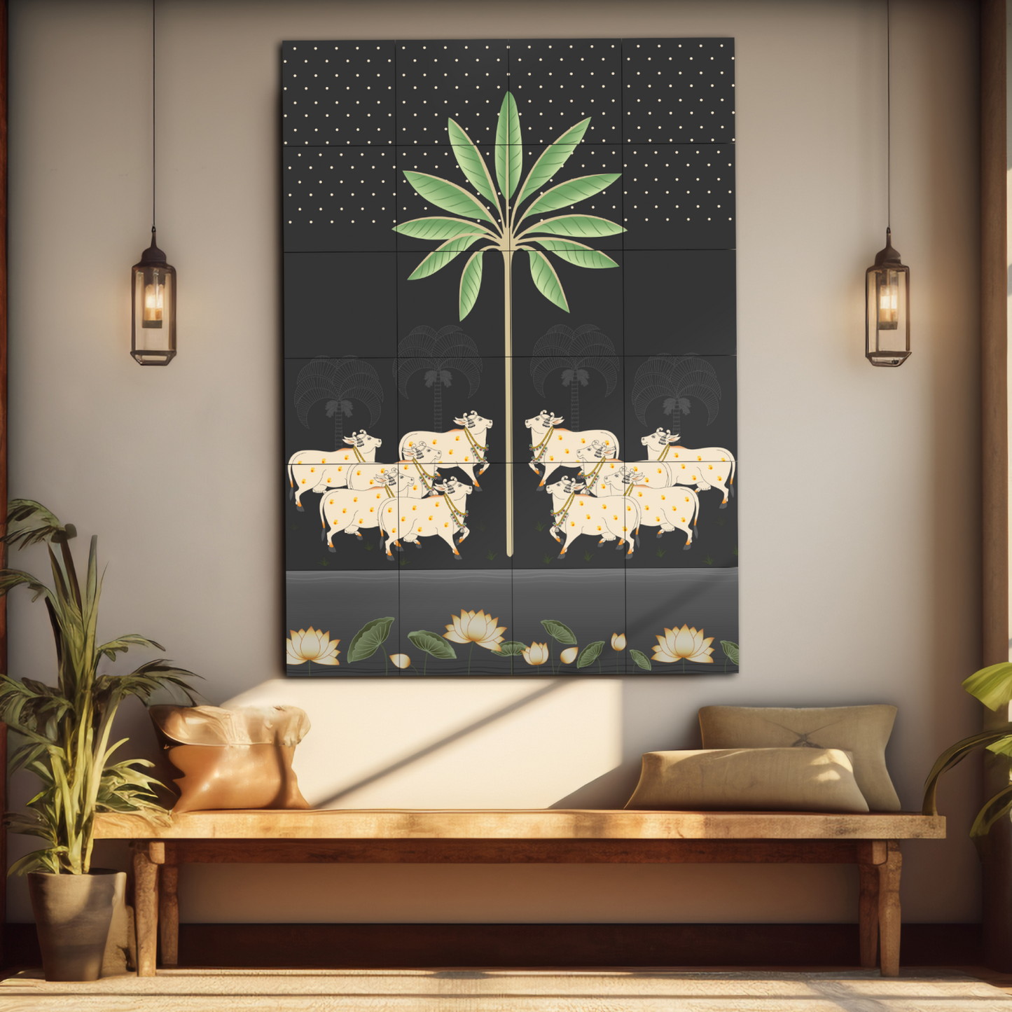 Sacred Cow Pichwai Indian Folk Art Wood Print Luxury Wall Tiles Set