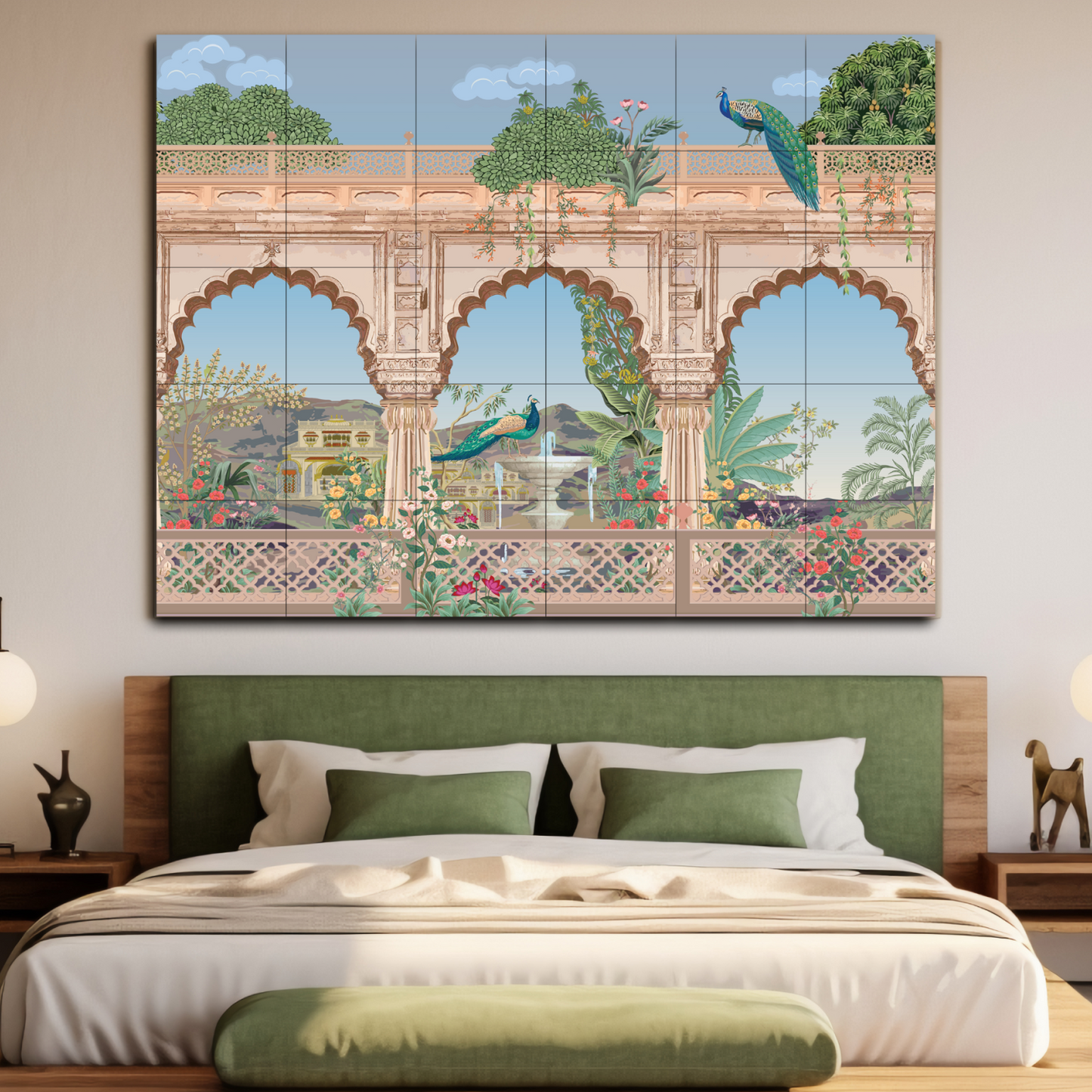 Traditional Mughal Garden Wood Print Luxurious Wooden Wall Tiles Set
