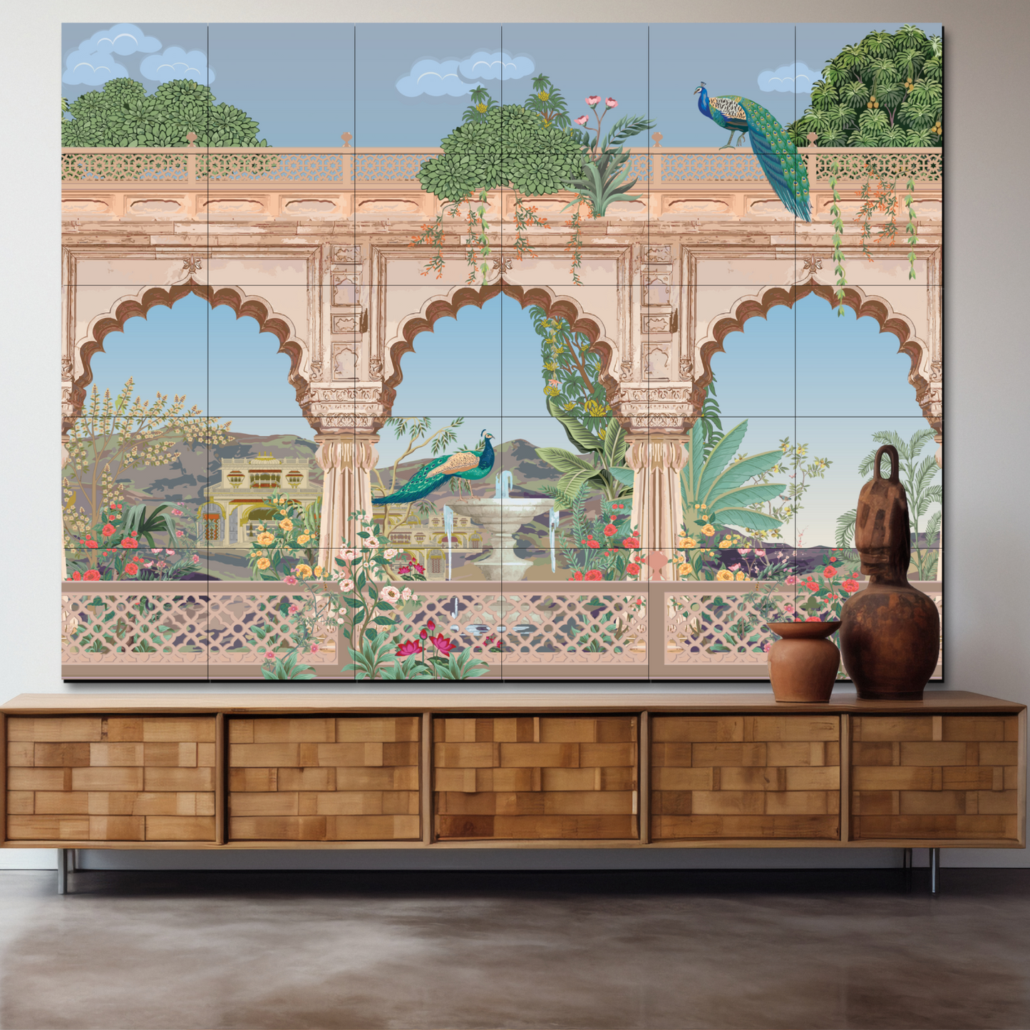 Traditional Mughal Garden Wood Print Luxurious Wooden Wall Tiles Set