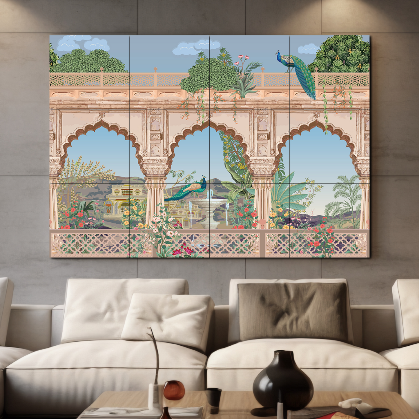 Traditional Mughal Garden Wood Print Luxurious Wooden Wall Tiles Set