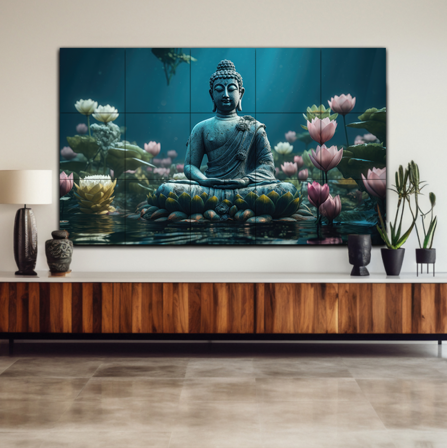 Buddha Meditating in Lotus Blue and Pink Wood Print Wooden Wall Tiles Set