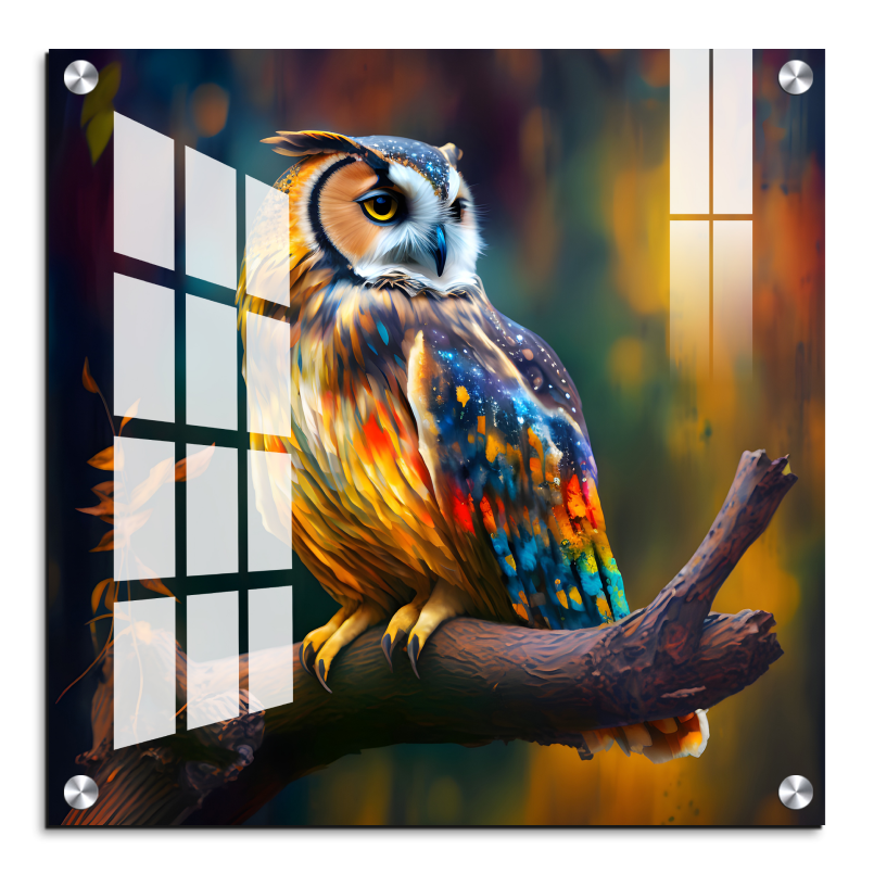 Owl Sitting on Branch Wood Print Wall Art