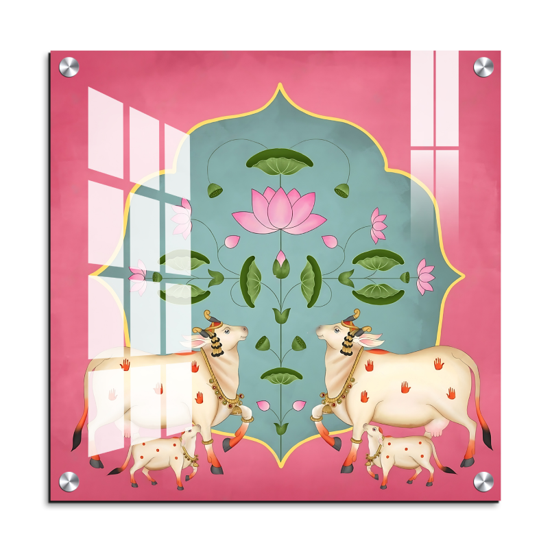 Sacred Cows Pink Pichwai Wood Print Wall Art Pink