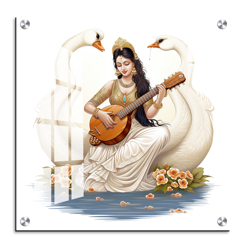 Goddess Saraswati With Veena Wood Print Wall Art