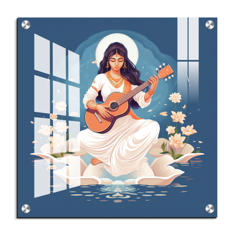 Goddess Saraswati Blue Wood Print Wall Art