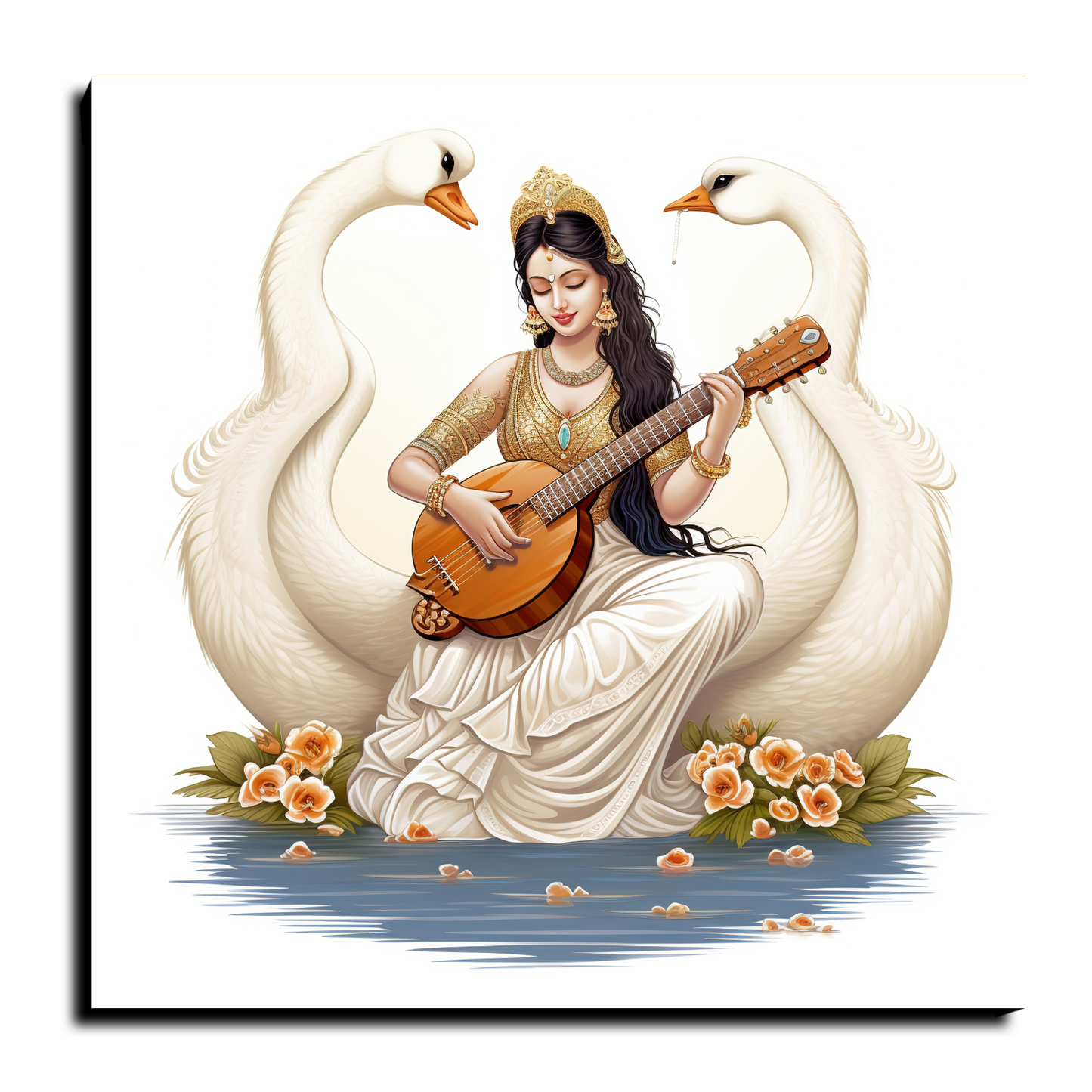 Goddess Saraswati With Veena Wood Print Wall Art