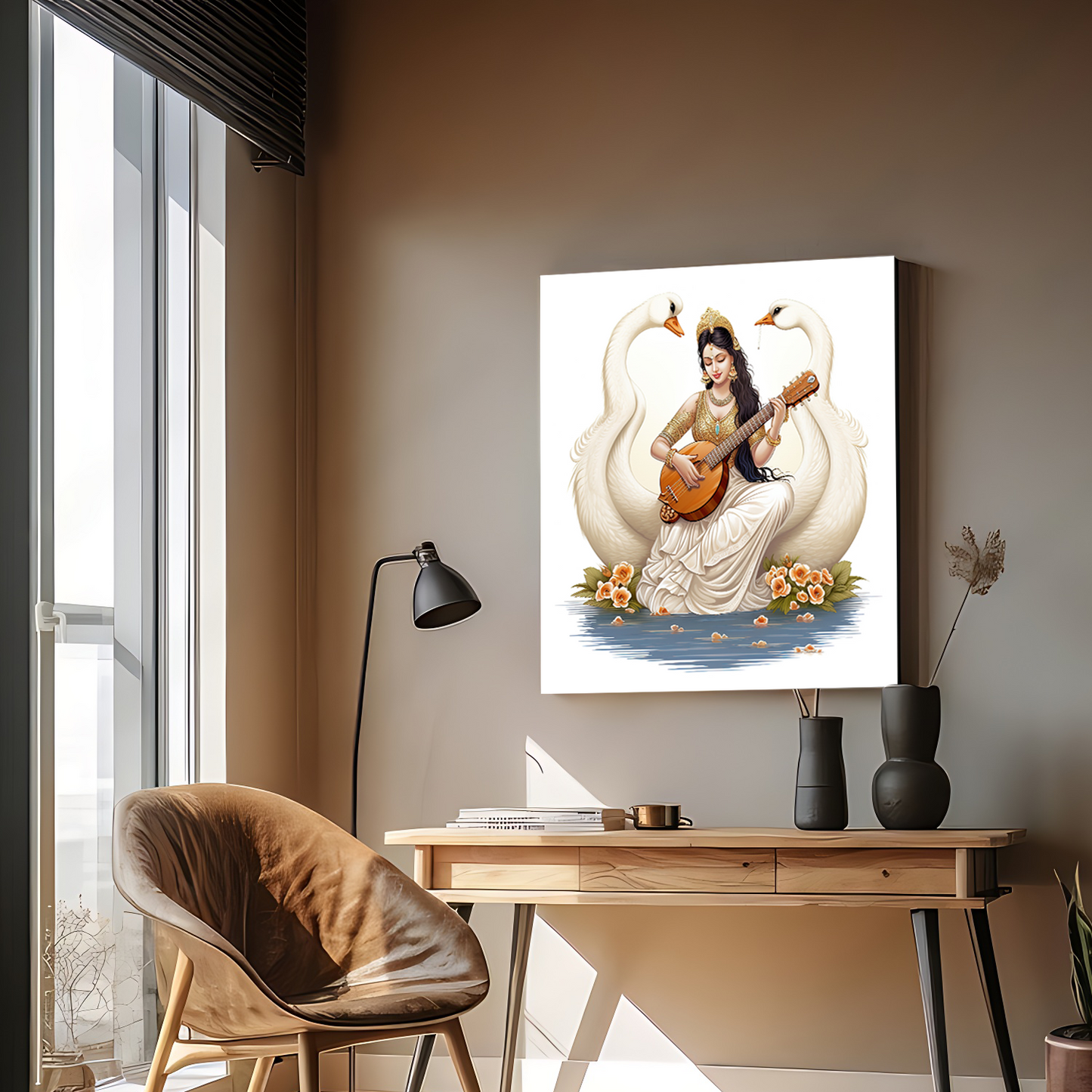 Goddess Saraswati With Veena Wood Print Wall Art
